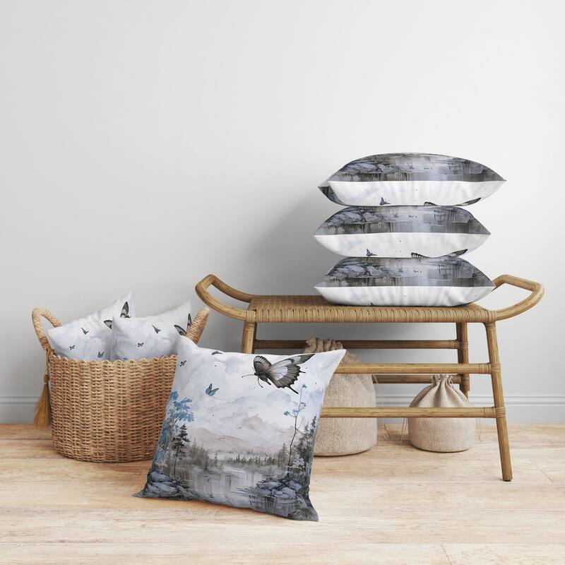 Fluttering Floral Heights Faux Suede Reversible Throw Pillow Gray and Cyan