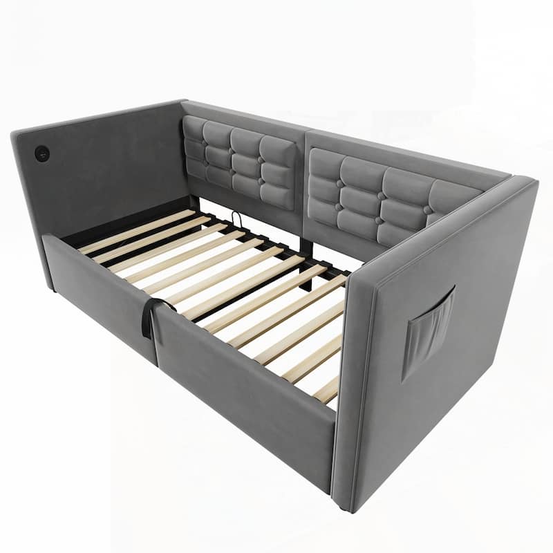 Hydraulic Storage Twin Bed Frame with Wooden Slats and Tufted Sofa Back
