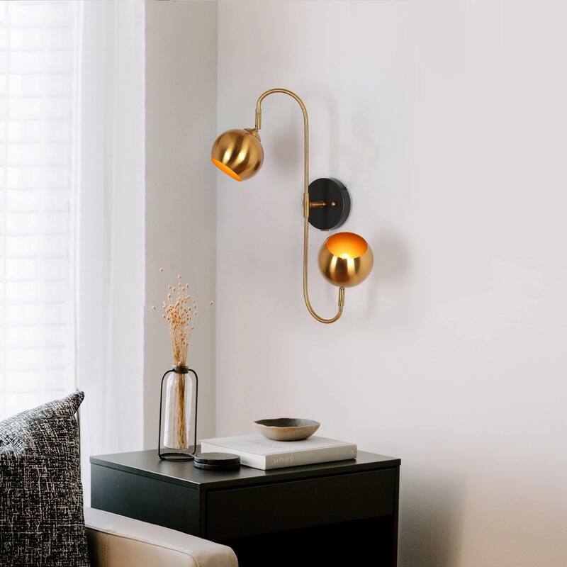Modern Black Gold 2-Light Metal Dome Wall Sconces Dimmable Bathroom Vanity Lights - 13.5"L x 10.5"W x 19.5"H