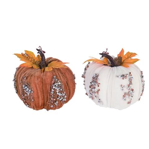 2 Brown White Elegant Glitz Pumpkin Thanksgiving Tabletop Decors 5"