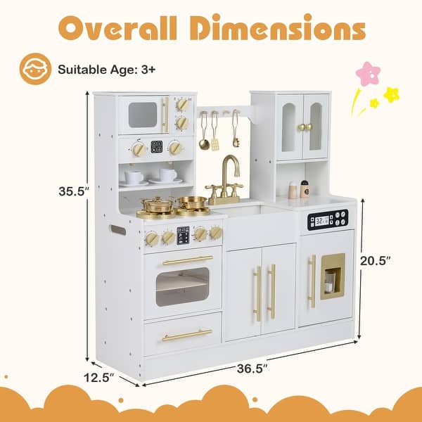 dimension image slide 0 of 2, Gymax Wooden Kitchen Playset w/Realistic Lights & Sounds Stoves Sink