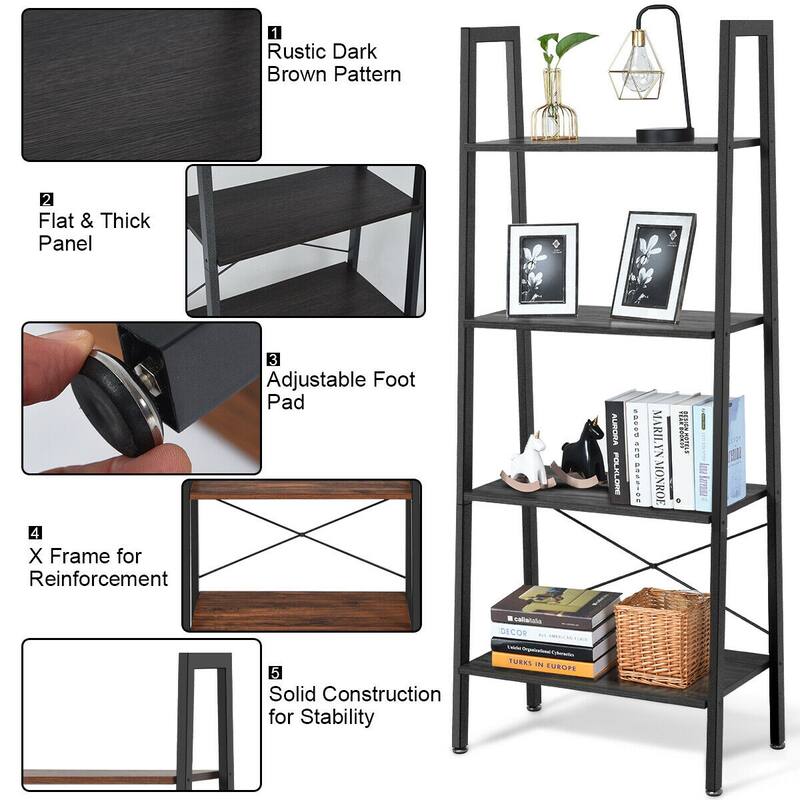 Gymax 4-Tier Ladder Shelf Ladder Bookcase Bookshelf Display Rack Plant - 24'' X 13'' X 58''