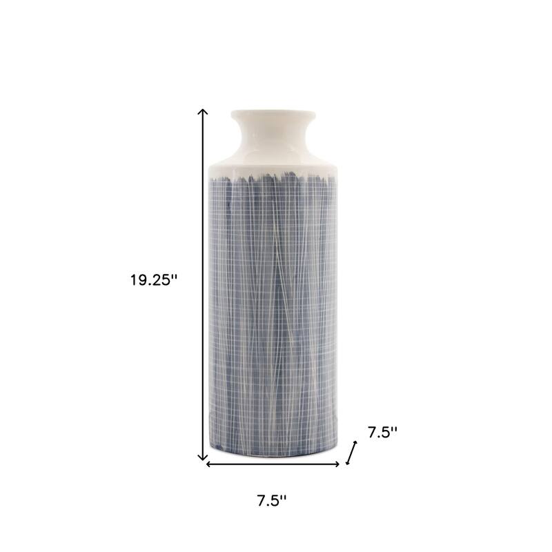 HomeRoots 19.25" Terracotta Blue and White Striped Round Floor vase - 7.5