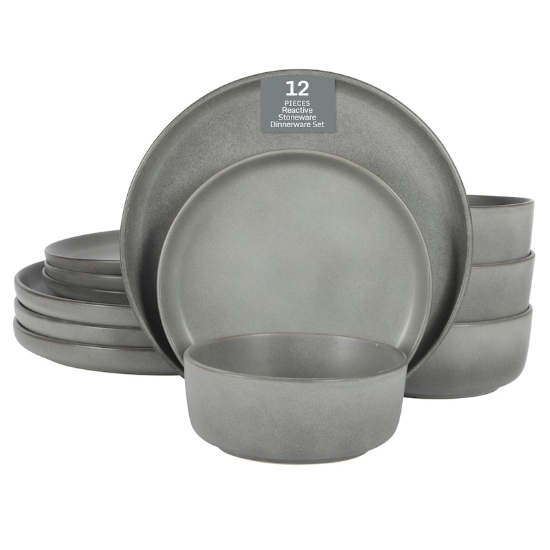 Gibson Elite Pasco (Service for 4) Plates and Double Bowl Reactive Glaze Stoneware Ceramic Dinnerware Set
