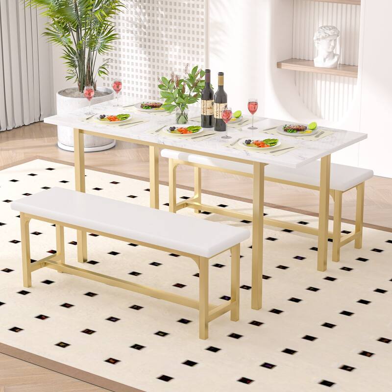 VECELO 3-Piece Dining Table Set with 2 Benches, 63" Extendable Kitchen Table & Chairs Set for 4-8, Dining Room Table