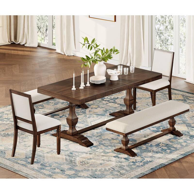 5-pieces Farmhouse Dining Table for 6, 74.8" Kitchen Table Set with 2 Benches and 2 Chairs, Solid Wood Legs and Cushion Seat