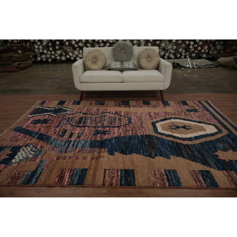 Hand Knotted Oriental 100% Wool Carpet Modern Tribal Pink Moroccan Area Rug - 9' 8'' X 6' 8''