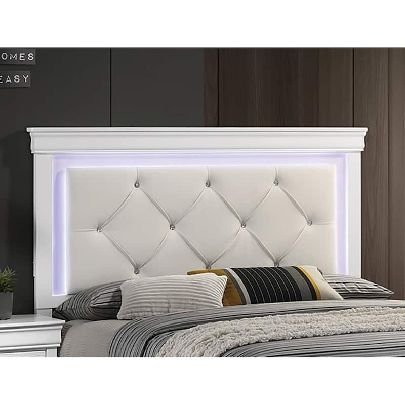 Queen Size Tufted LED Headboard Bed with Faux Leather and Diamond Design