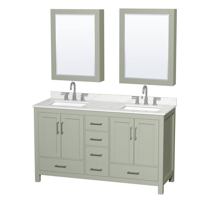 Sheffield 60-inch Double Vanity, 3 Hole Quartz Top, Med Cabinets - Light Green, Nickel Trim, Giotto Quartz Top