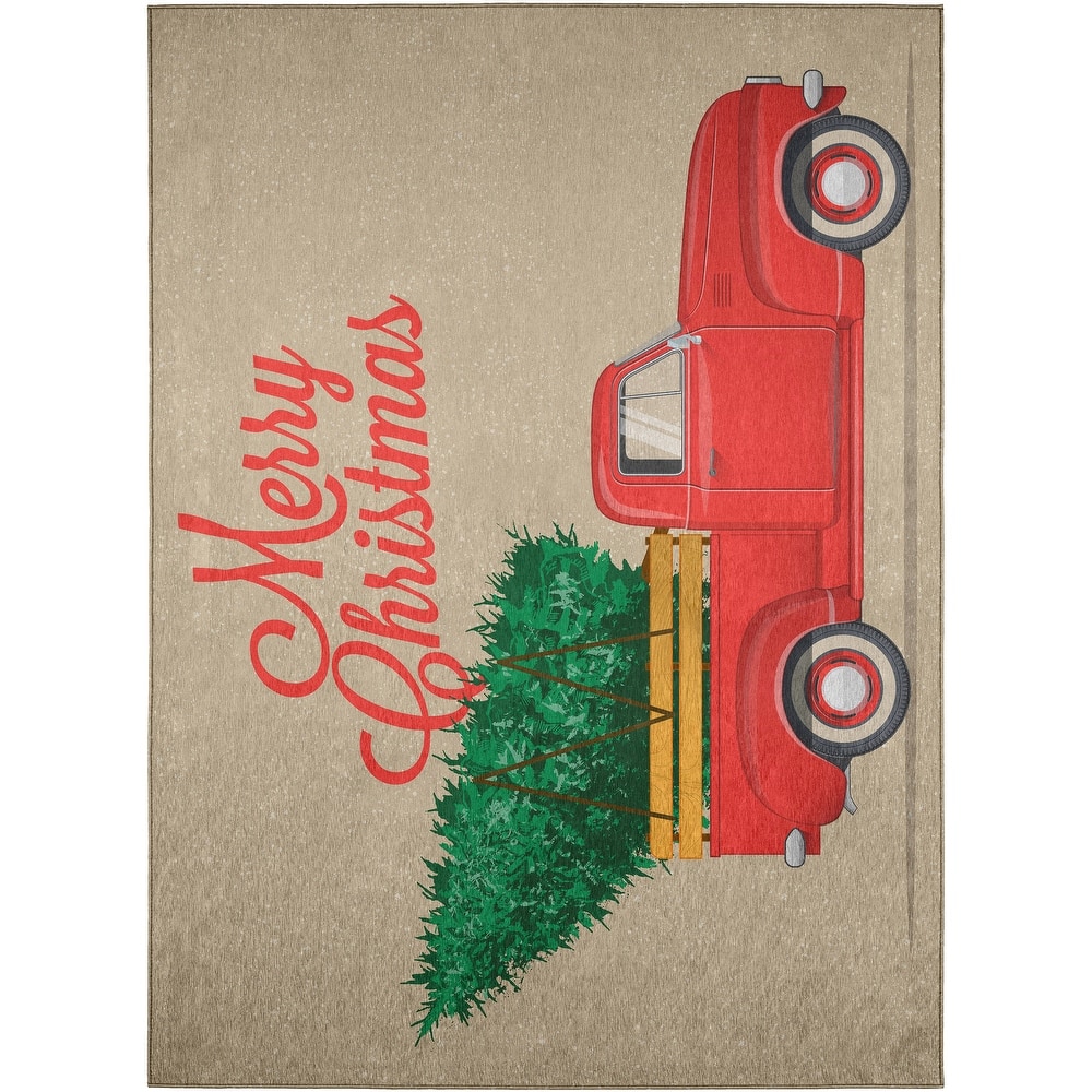 Indoor/ Outdoor Cozy Winter Red Washable Christmas Truck Rug