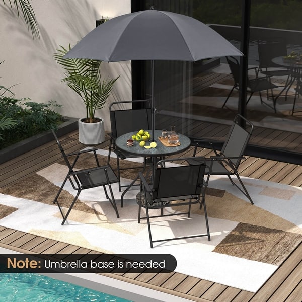 6pc patio set with umbrella 6 Pieces Patio Dining Set Folding Chairs Glass Table Tilt Umbrella for Garden-Gray