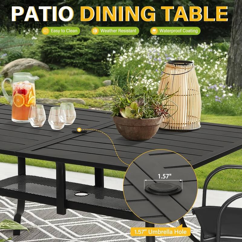 60" x 37" Outdoor Patio Rectangular Metal Slatted Dining Table with Umbrella Hole for 6 Person