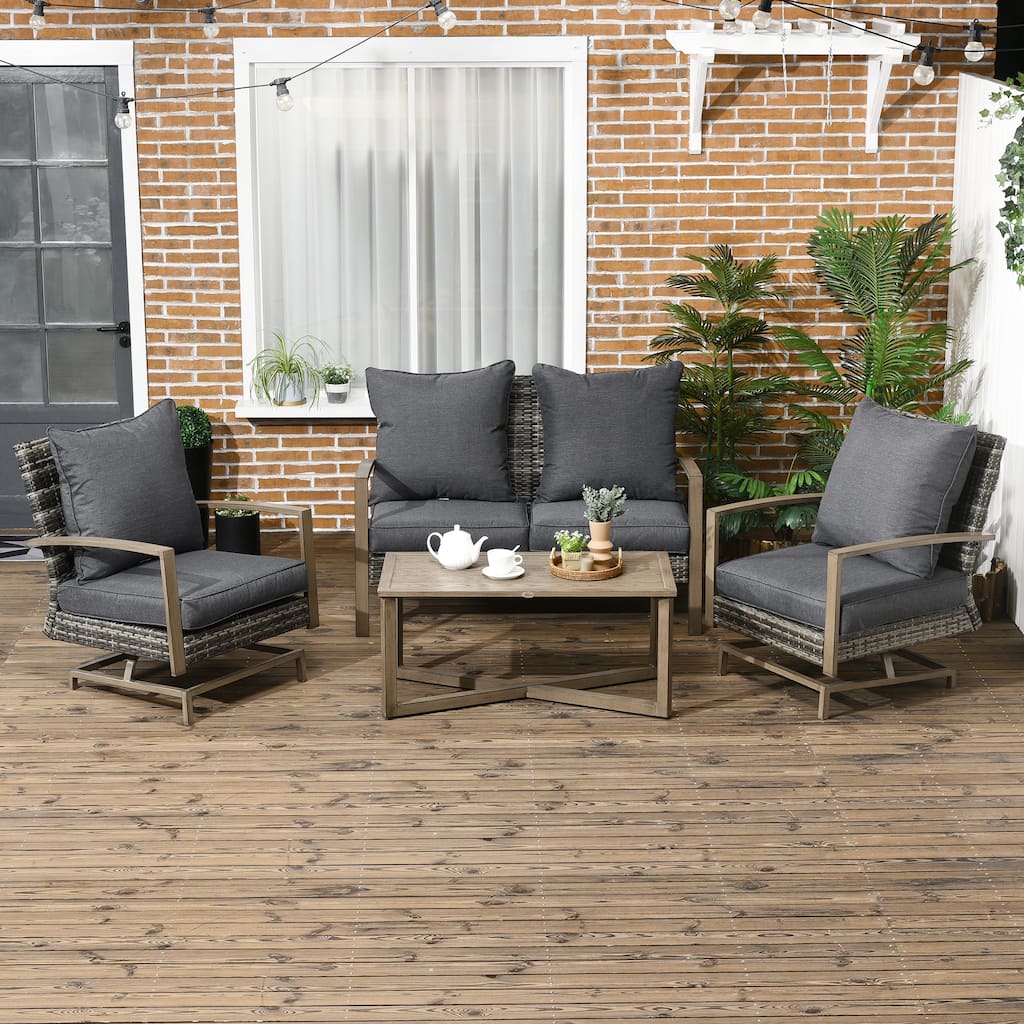 Outsunny 4 Piece Patio Furniture Set with Cushions, Outdoor Conversation Sets with Rattan Rocking Chair