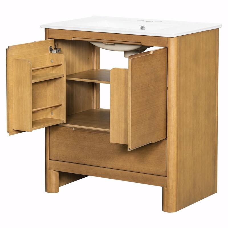 30 Inch Modern Bathroom Vanity with Ceramic Sink, Natural Wood Grain Cabinet, Solid Wood Frame