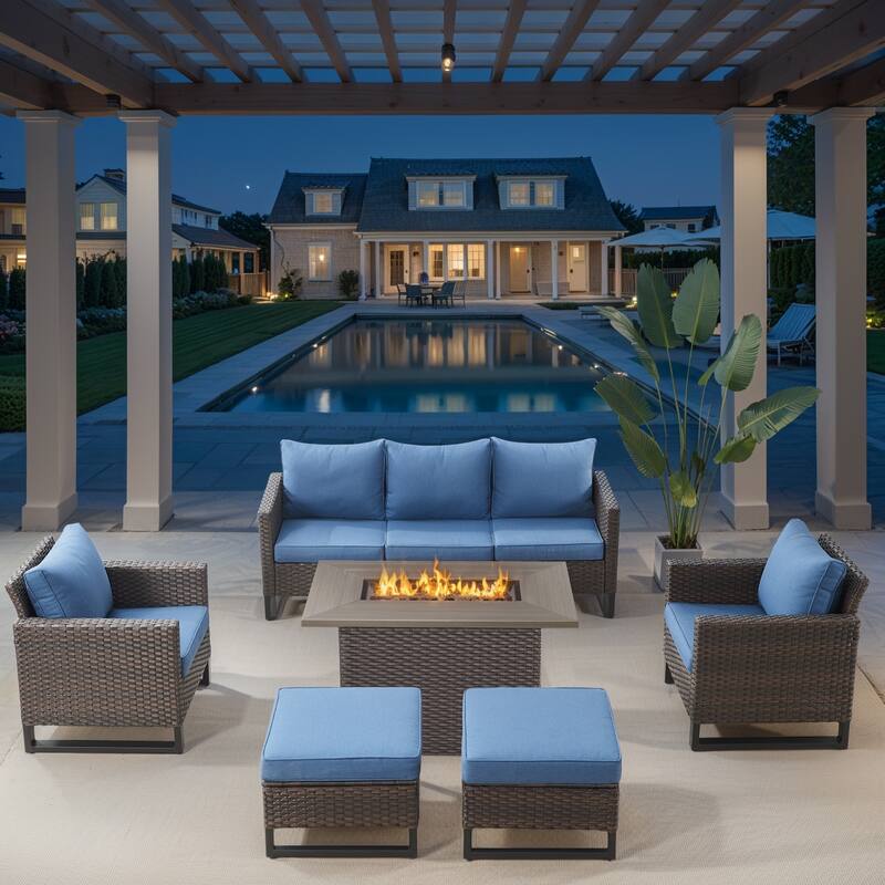 Outdoor Sofa Patio Chairs Ottomans with Fire Table - Brown - Blue