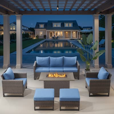 Patio Sofa Chairs Ottomans with Fire Table Brwon-Blue - Brown