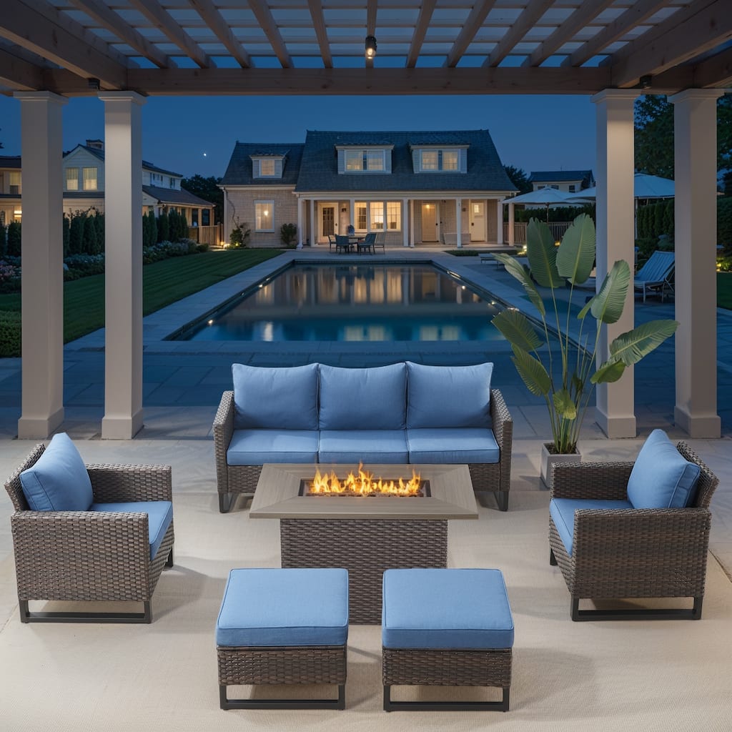 Patio Sofa Chairs Ottomans with Fire Table Brwon-Blue - Brown