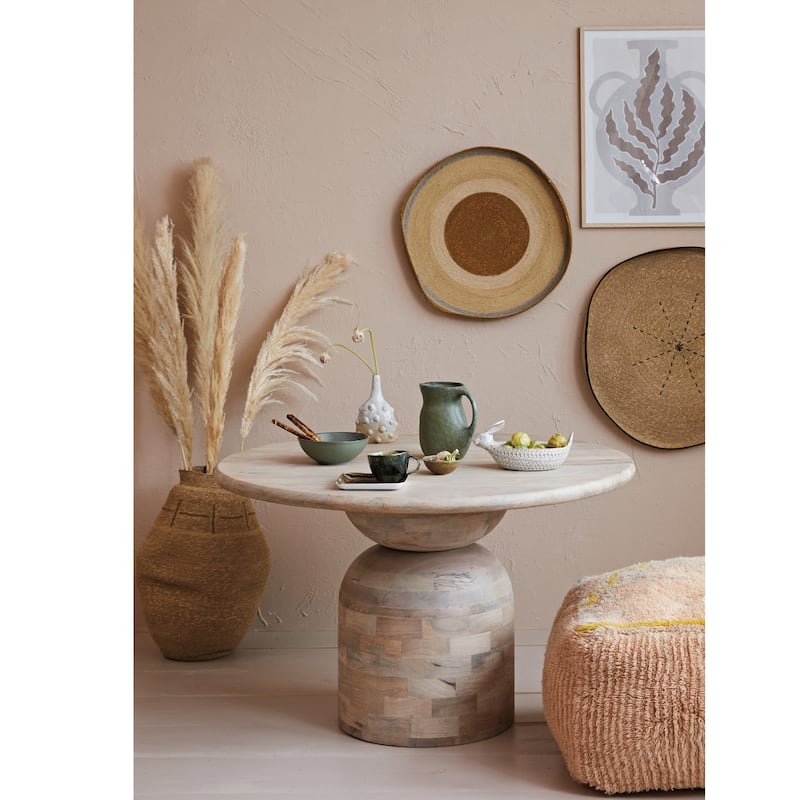 Woven New Zealand Wool Shag Pouf with Design