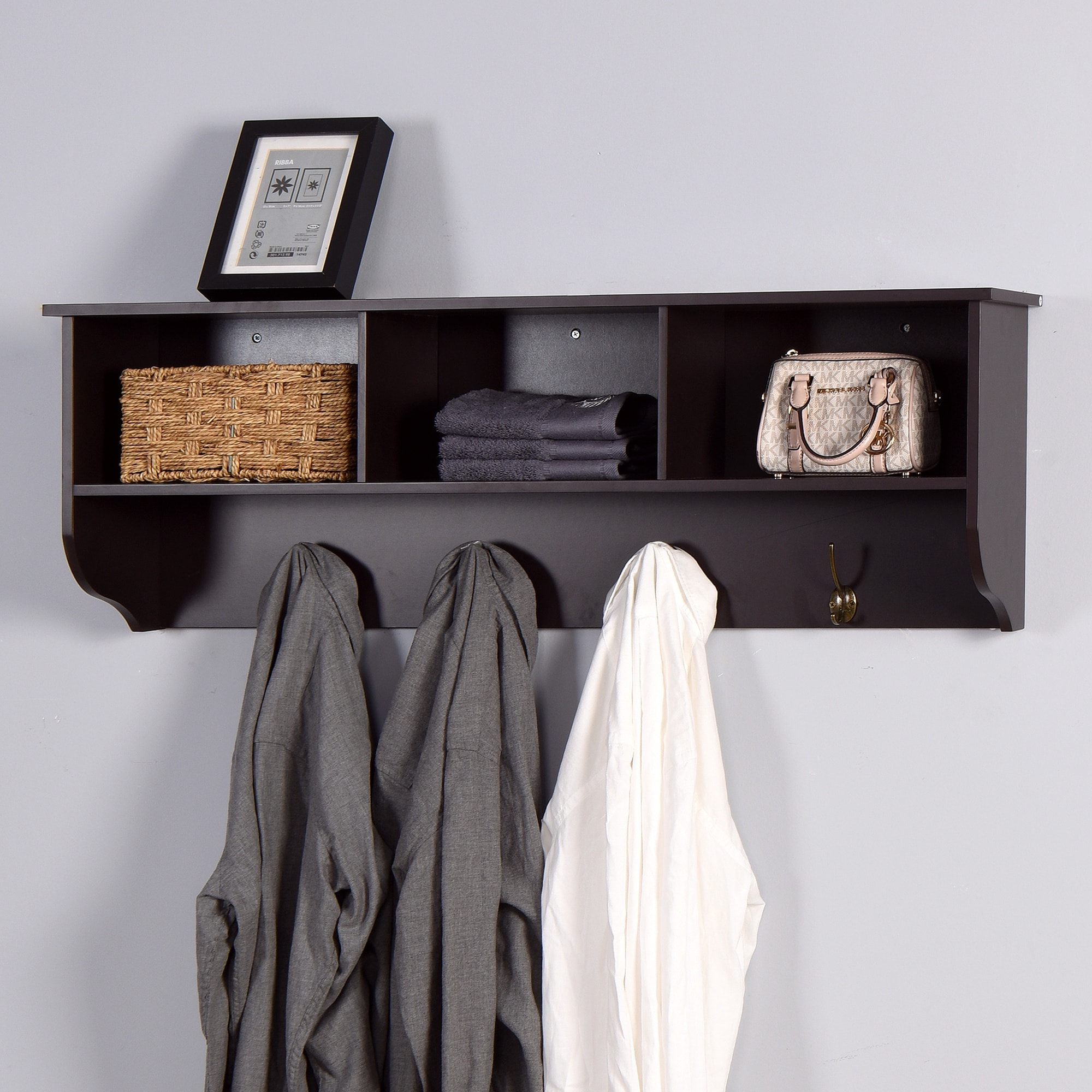 Wall Mounted Coat Rack W 4 Dual Hooks Wood Storage Shelf Small