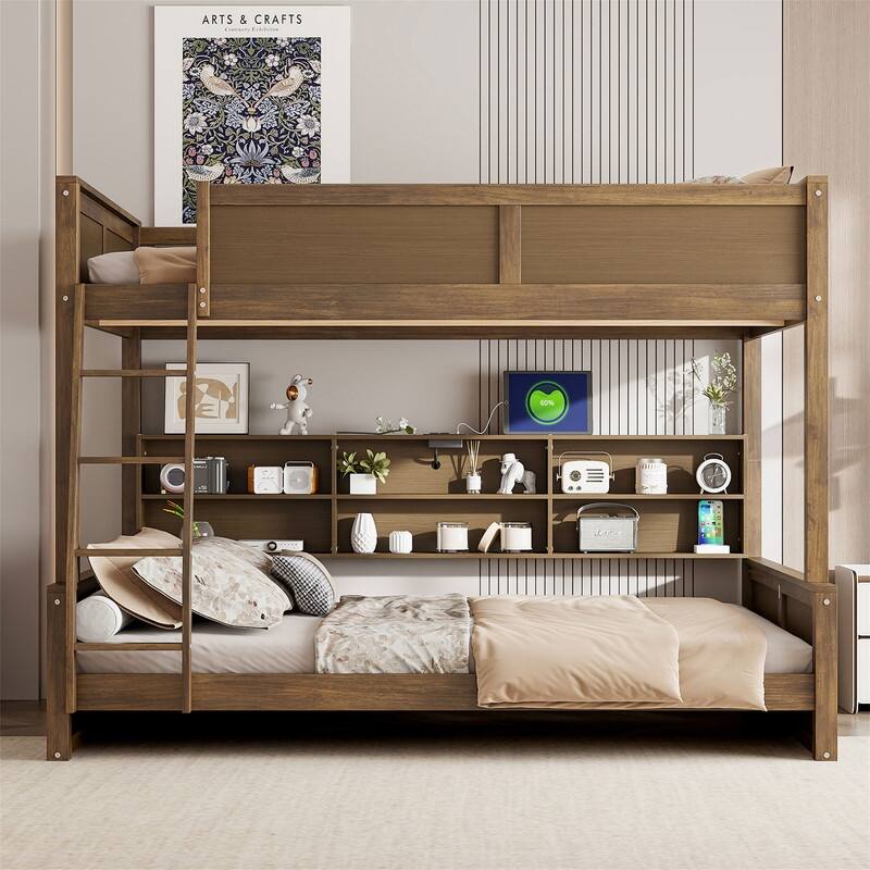 Solid Wood Bunk Bed with Storage Cabinets and USB Ports, Twin XL over Queen/Full XL over Queen Bunk Bedframe w/ Storage Shelves