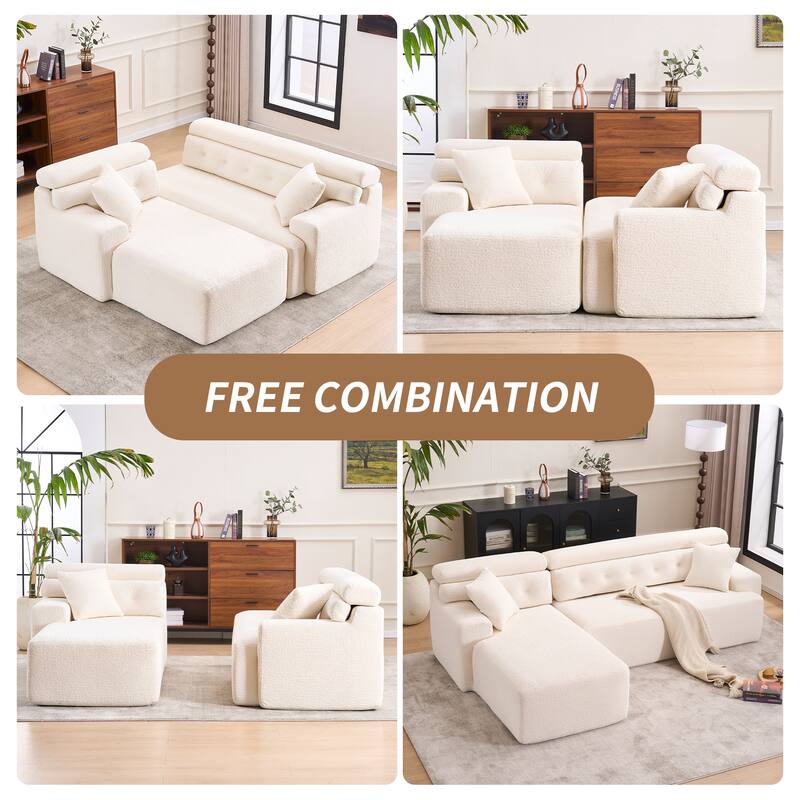 Combining Chaise Longue With 3-Seater, Wood Grain Chenille Fabric, Full Sponge Compression Sofa,Combined Sofa With 2 Pillows