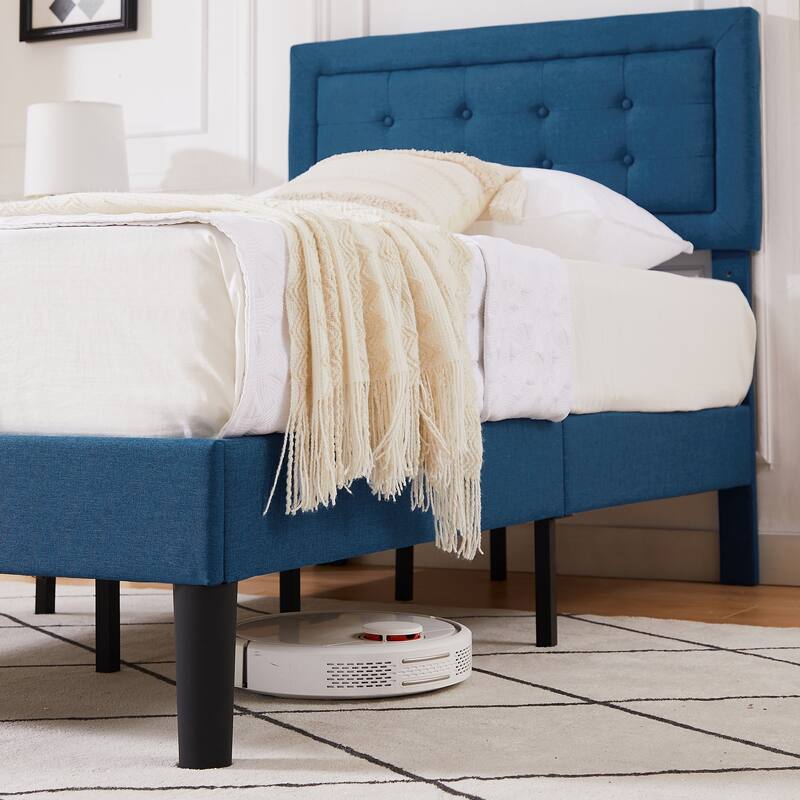 VECELO Tufted Upholstered Kids Bed with Adjustable Headboard,Twin Size Bed Set of 2