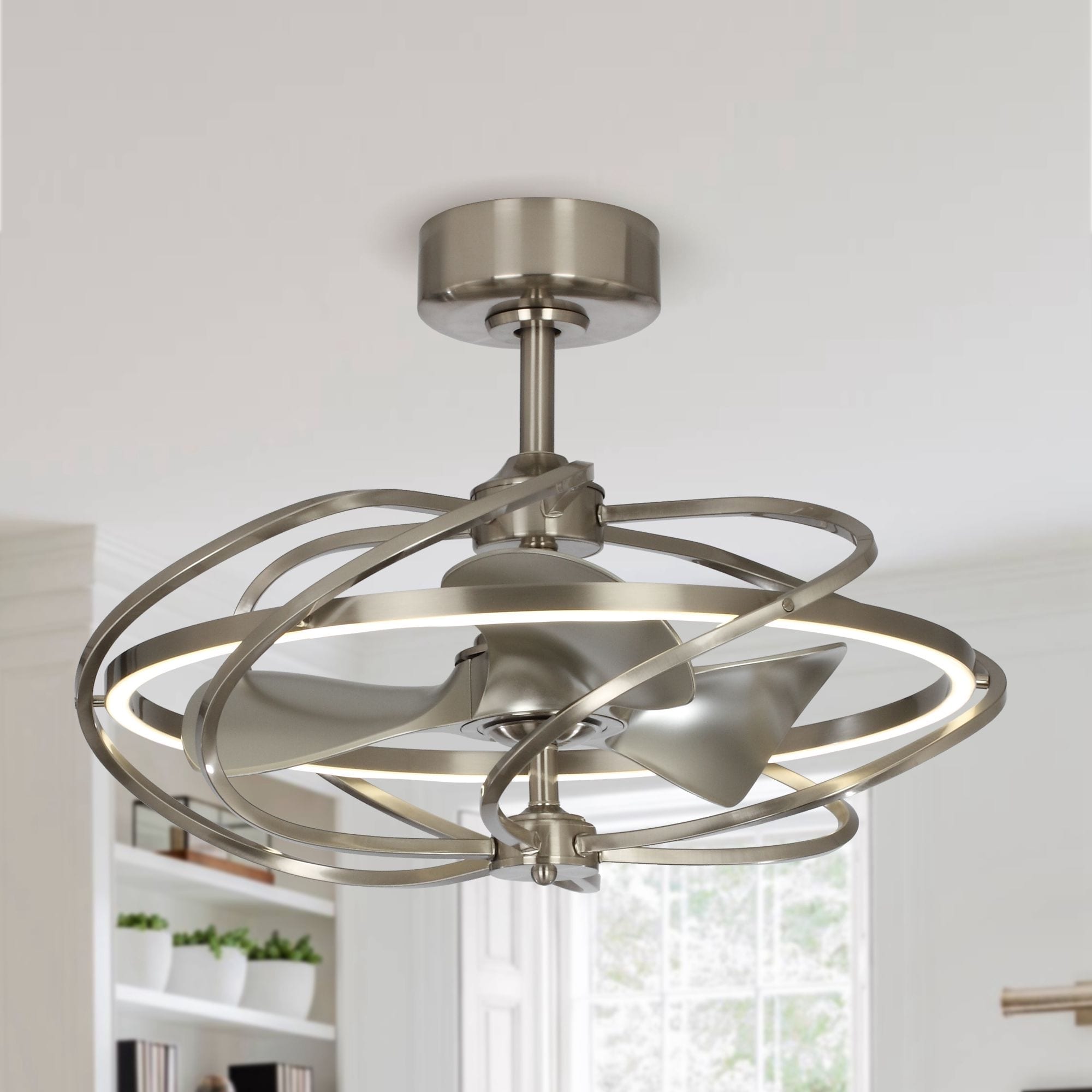 27-inch Satin Nickel 3-Blade Chandelier LED Ceiling Fan with Remote On  Sale Bed Bath  Beyond 19988889