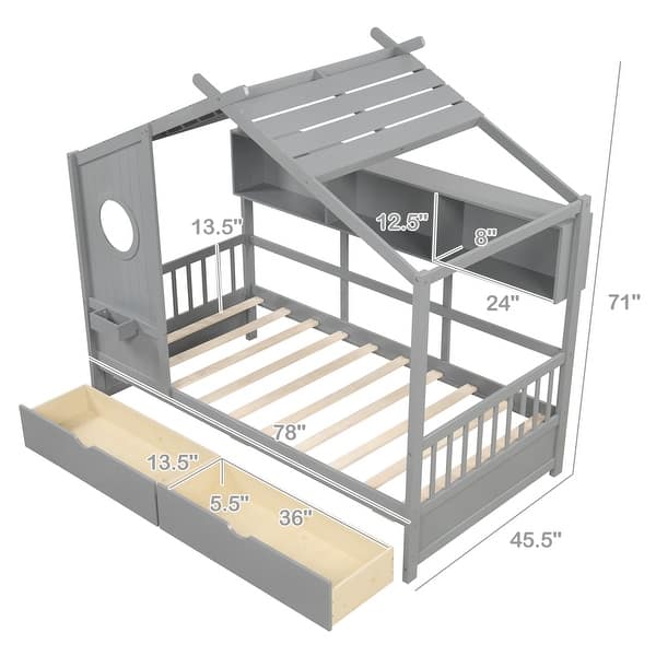dimension image slide 1 of 2, Twin Size House Bed with 2 Storage Drawers and Fence Guardrails