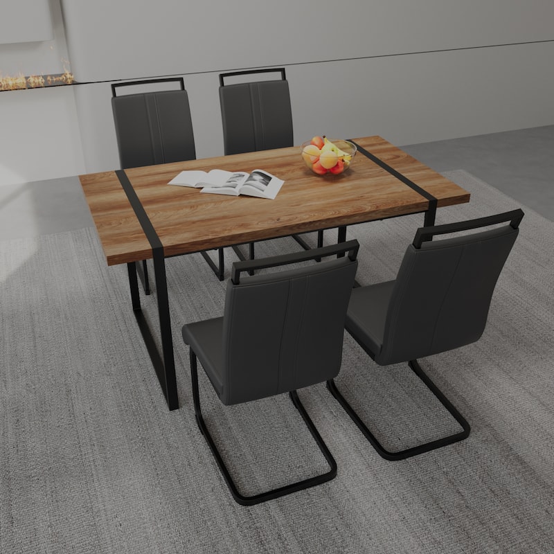 5-Piece Dining Table Set with Table and Ergonomic Chairs, Anti-Slip Foot Mats, Waterproof Tabletop, C-Shaped Chair Base - Wood