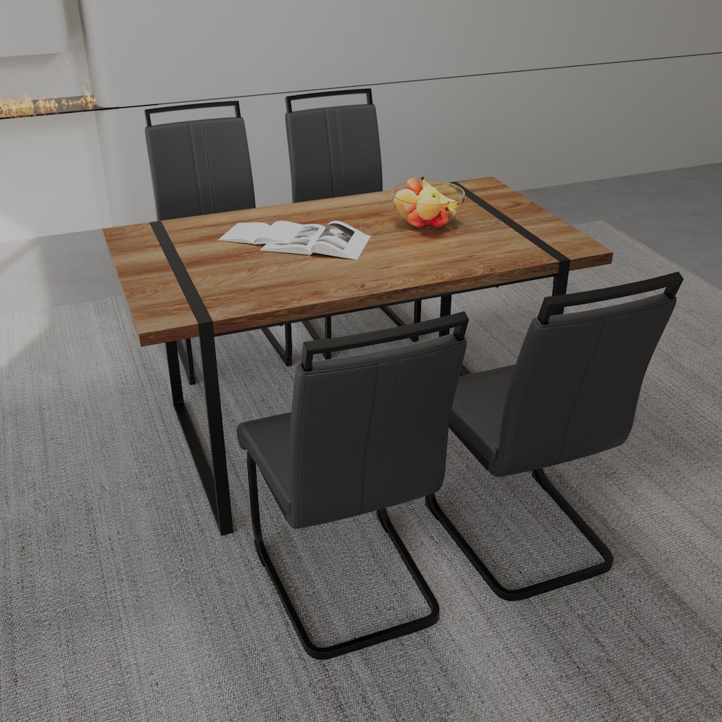 5-Piece Dining Table Set with Table and Ergonomic Chairs, Anti-Slip Foot Mats, Waterproof Tabletop, C-Shaped Chair Base