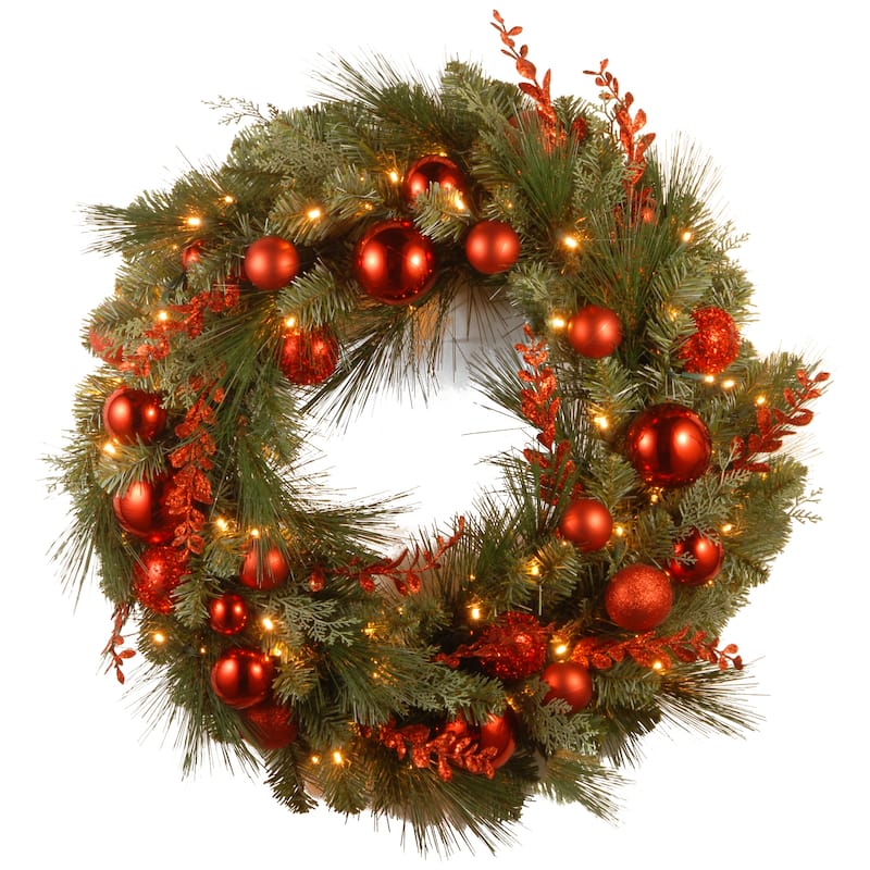 National Tree Company 2 ft. Decorative Collection Christmas Red Mixed Wreaths with 50 Warm White Battery Operated LED's w/Timer