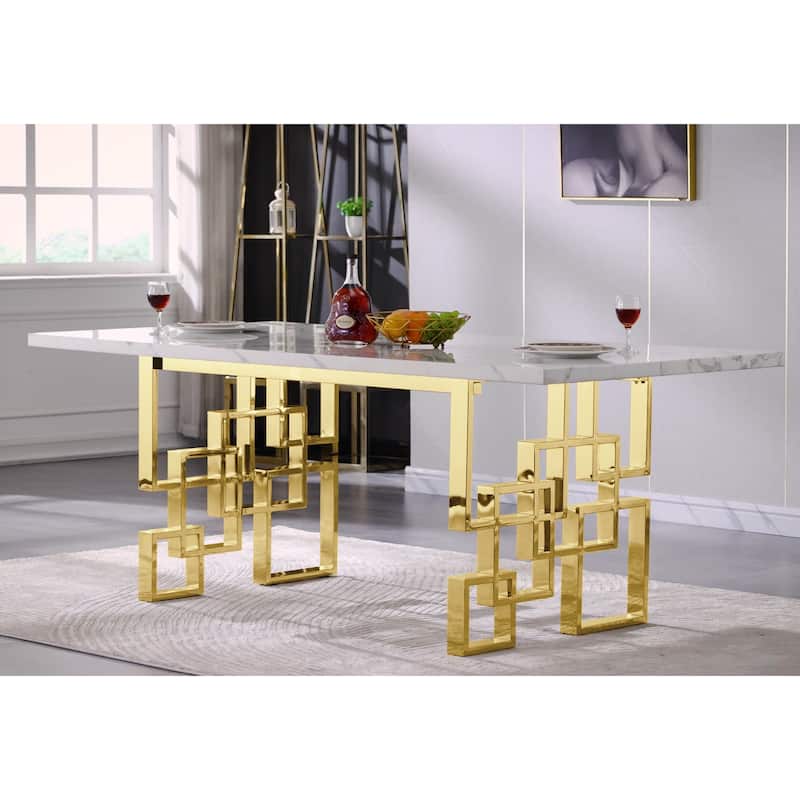 78 inch Faux Marble Dining Table with Geometric Metal Base - White