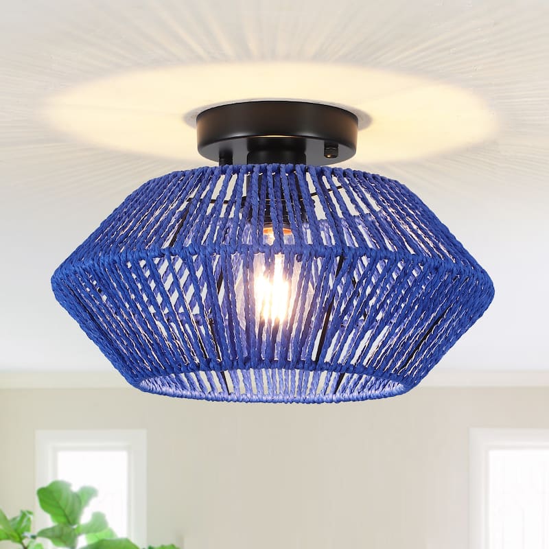 Modern Farmhouse Style Hand-Woven Rattan Semi Flush Mounts Light Fixture for Kitchen Living Room