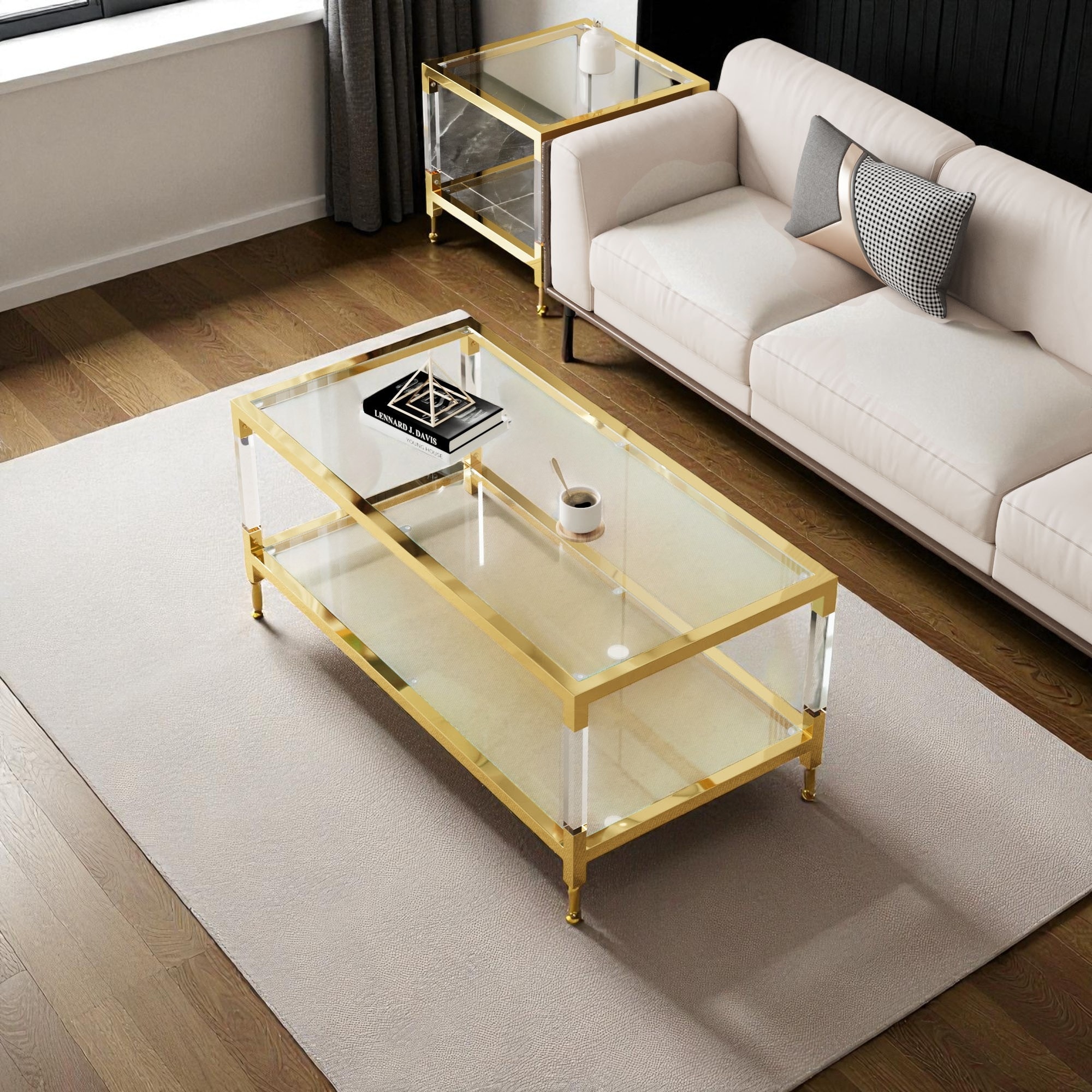 Glass Top Coffee Table with Acrylic Legs, Gold Metal Frame Accent Center Table for Living Room, 47.2"x23.6"x17.7"