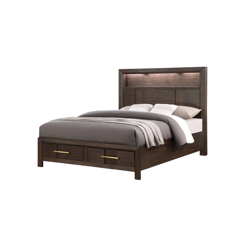 Modern Style Queen Bed Made with Wood & LED Headboard with bookshelf in Walnut