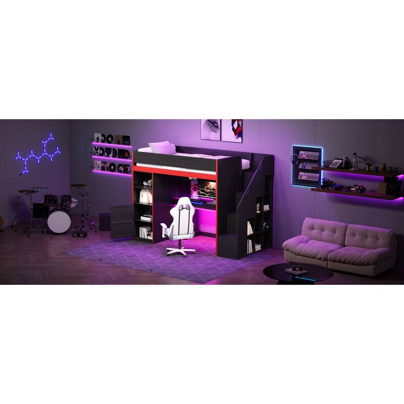 Roomfitters Twin/Full Gaming Loft Bed with Desk, Storage Locker and LED Lights, Black