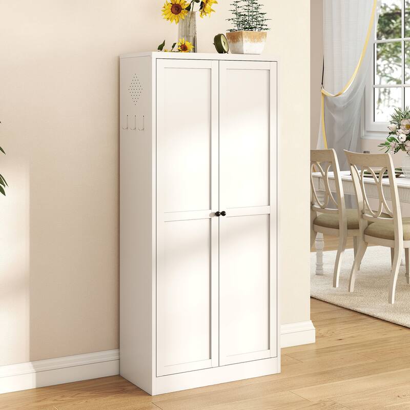 61" Metal Kitchen Pantry Cabinet Adjustable Storage with 4 Shelves (110lb Capacity), Heavy Duty Freestanding Pantry Organizer - White+Black