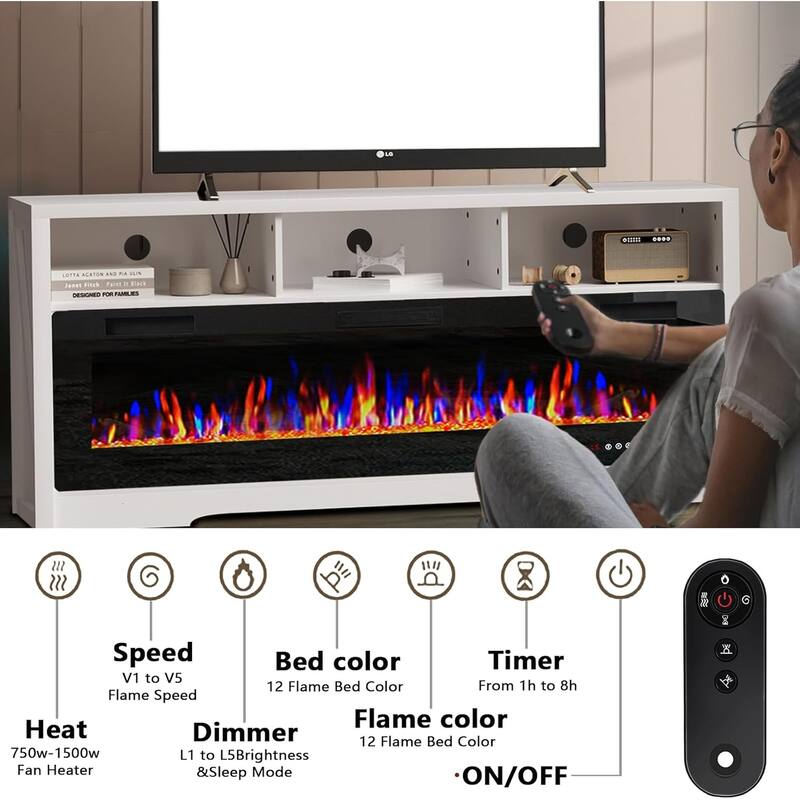 BOSSIN 65" Electric Fireplace TV Stand , Entertainment Center for TVs up to 75" with Open Shelves Storage for Living Room