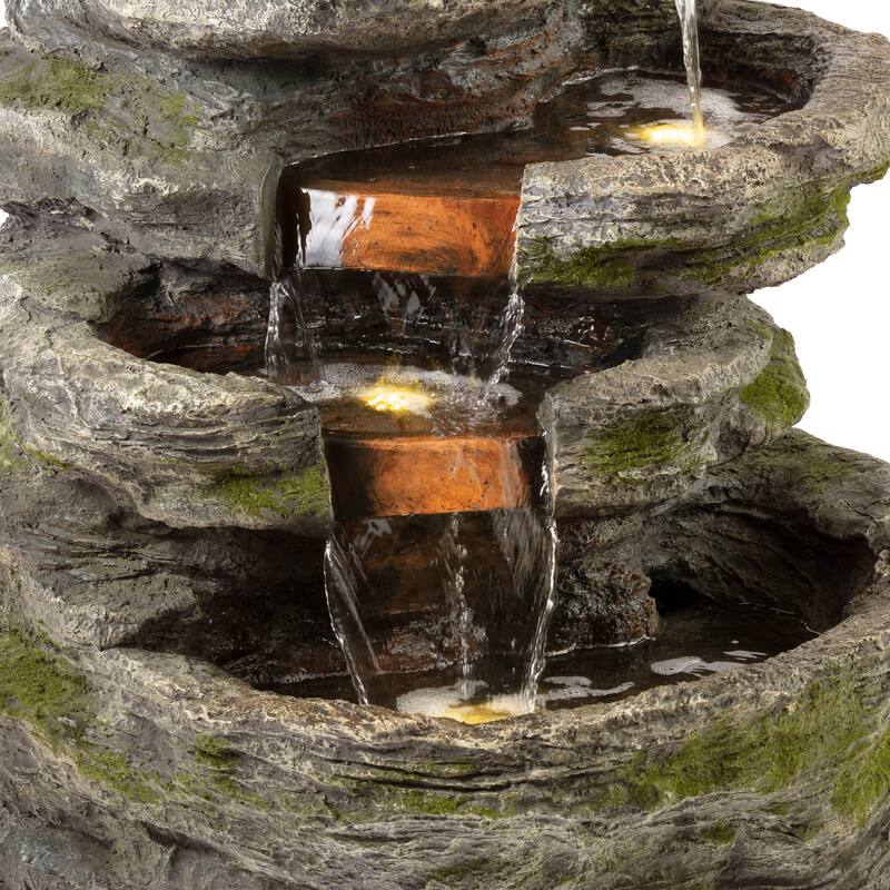 Alpine Corporation WIN1146 58" Gray Outdoor Floor 8 Tier Rock Water Fountain with LED Lights