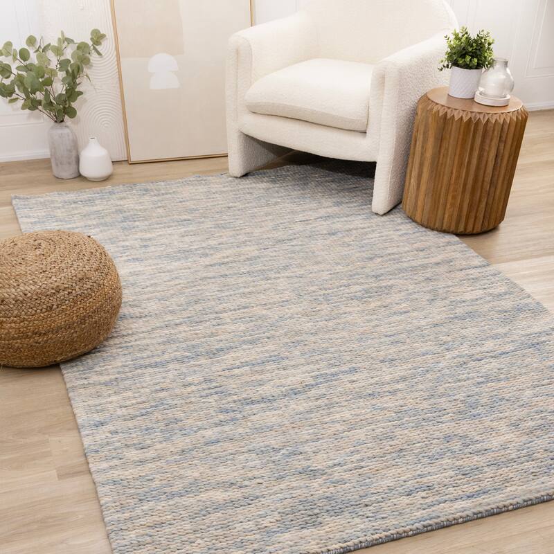 Blue Beige White Wool Handmade Rug