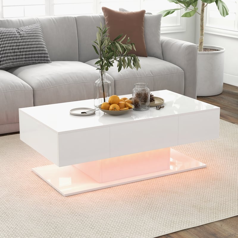 Contemporary Coffee Table with RGB LED Lights and Storage Drawers and Open Shelf Gloss Finish - 43.5" x 23.5" x 16"