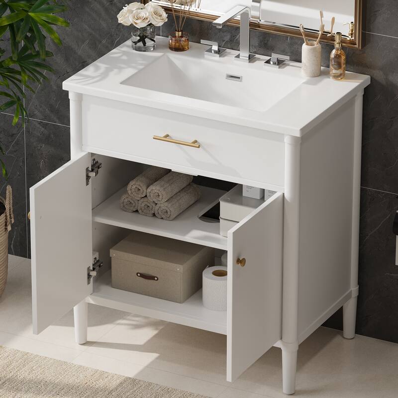 31 Inch Bathroom Vanity with Sink Soft Close Doors Adjustable Shelf Rubber Wood Legs, Curved Profile Design