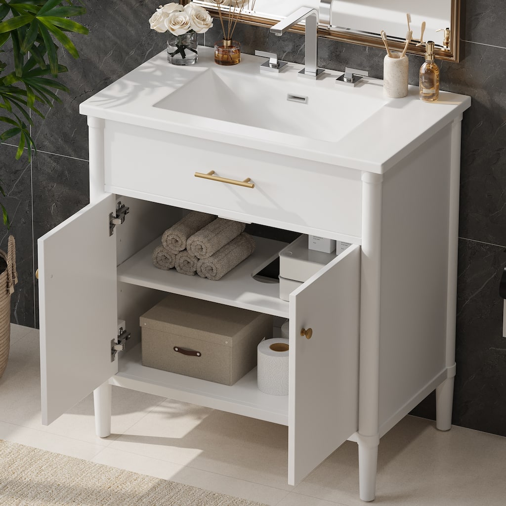 Bathroom Vanity with Ceramic Sink, Wooden Bathroom Storage Cabinet, Bathroom Cabinet with Soft Close Doors & Adjustable Shelf