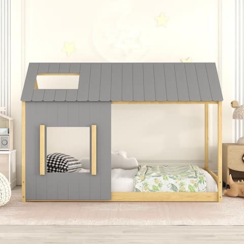 Twin Size House Bed with Roof and Window,Multi-Color