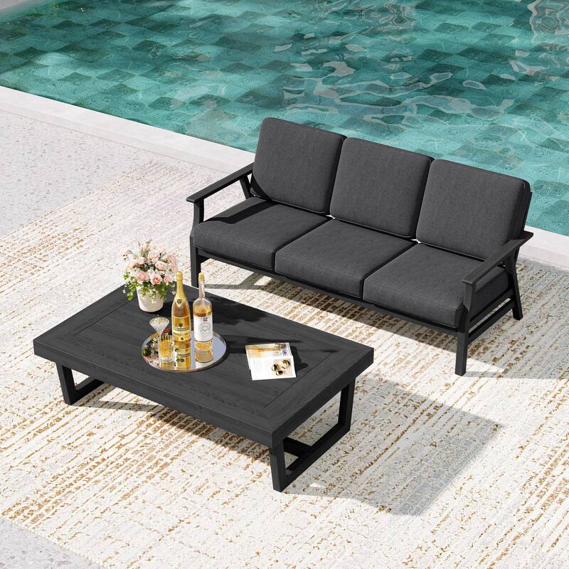 2-Piece Teak Outdoor Sofa Set with Table - Dark Grey/coffee table - Black Wood