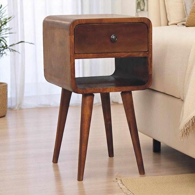 Solid Wood Mini Chestnut Bedside Table with Drawer and Open Slot, Brown - Chestnut