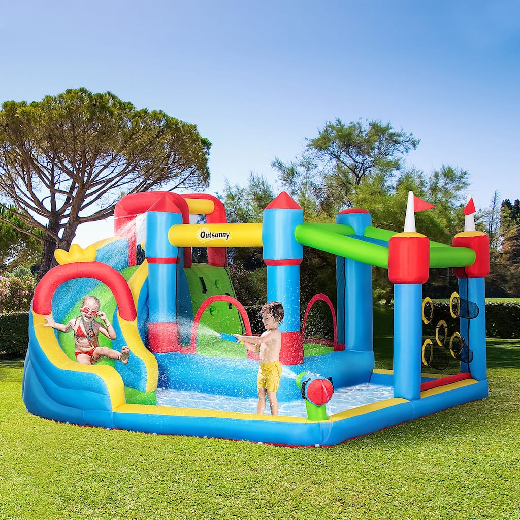 Outsunny 6-in-1 Inflatable Water Slide, Kids Castle Bounce House Includes Slide, Trampoline, Pool, Water Gun, Climbing Wall