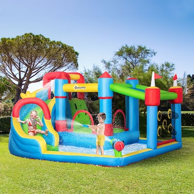 Outsunny 6-in-1 Inflatable Water Slide, Kids Castle Bounce House Includes Slide, Trampoline, Pool, Water Gun, Climbing Wall