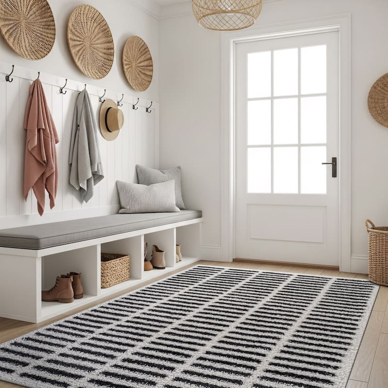 Bohemian Stripe Lines Shag Rug - Textured Surface - Anthracite Dark Gray - Easy to Clean - White - 4' x 6'
