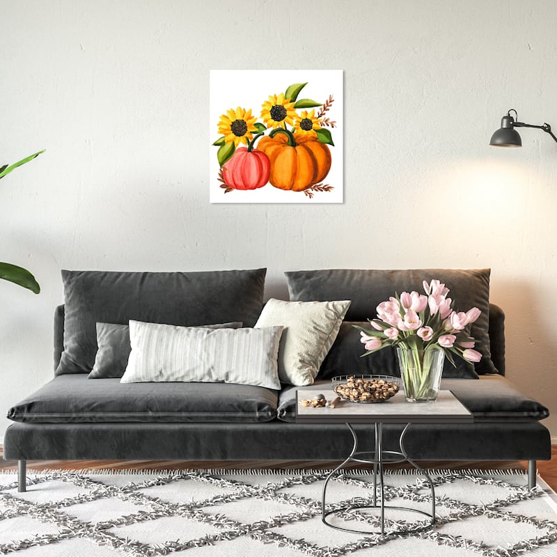 Wynwood Studio Prints Floral and Botanical Pumpkins and Flowers Orange and Orange Modern & Contemporary Wall Art Canvas Print - 20 x 20